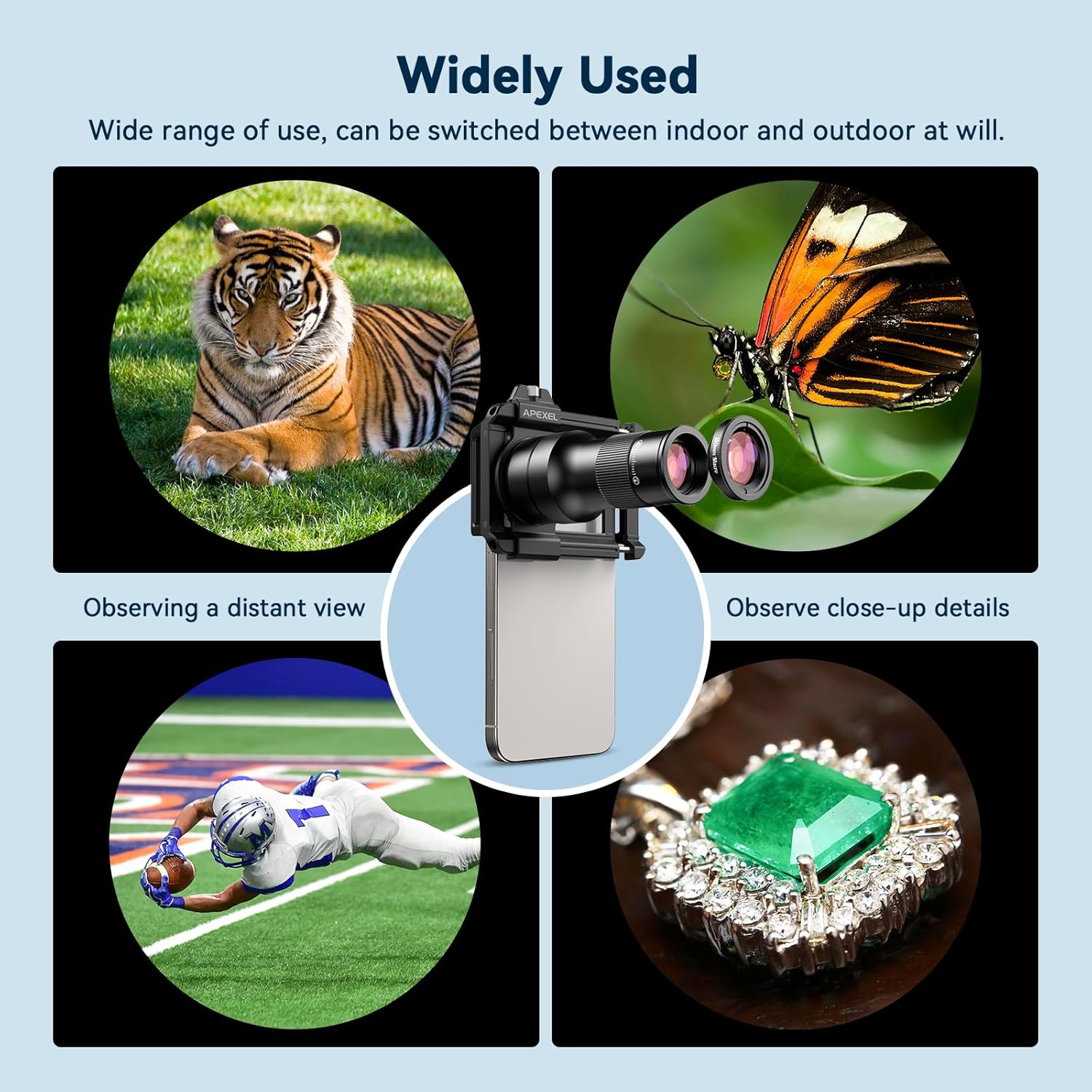 Examples of wide usage for the lens kit, including observing distant views and close-up details.