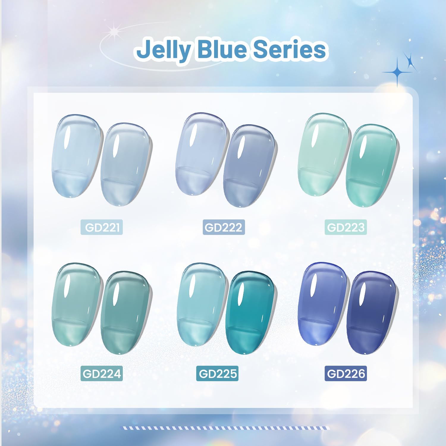 JODSONE 10ml 6 Colors Jelly Gel Nail Polish Set Ocean Blue Turquoise Gel Polish with Crystal Long Lasting All Seasons Need U V Lamp - Image 2