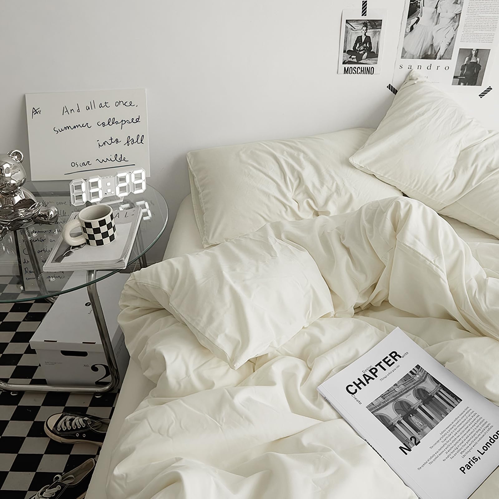 Duvet Cover Set King Size 4 Pcs, Include 1 Quilt Cover 220 x 240cm & 2 Pillow Cases 48 x 74cm & 1 Bedsheet 245 x 265cm, Super Soft Washed Cotton Bedding Set, Excluding Cotton - Milkshake White King Size (Quilt Cover 220 x 240cm) Milkshake White