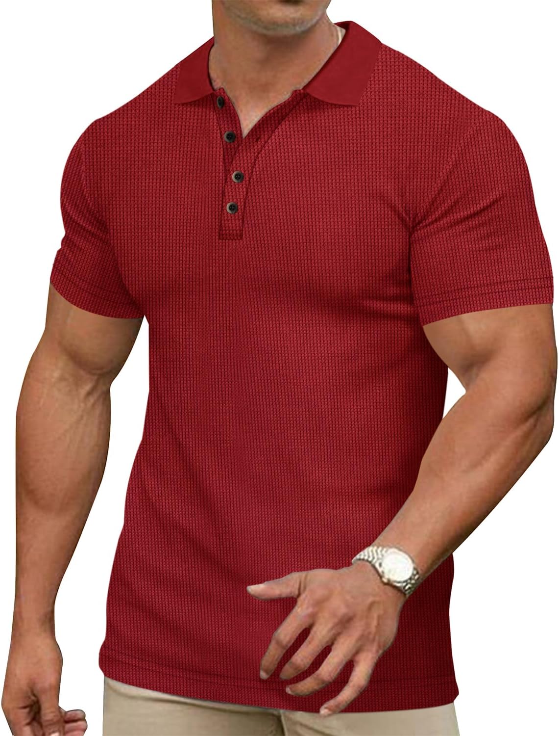 Men's Casual Polo Shirts Classic Button Basic Short Sleeve Waffle Solid Fit Golf Tees Stylish Tops - Image 3