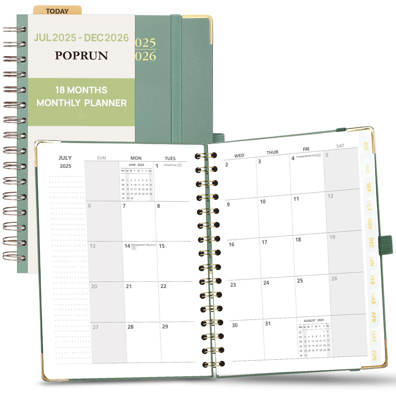 POPRUN Monthly Planner 2025-2026 Spiral Hardcover (6.25'' x 8.5''), 18 Months Calendar (Jul.2025 - Dec.2026) - 2 Pages per Month with Dotted Note