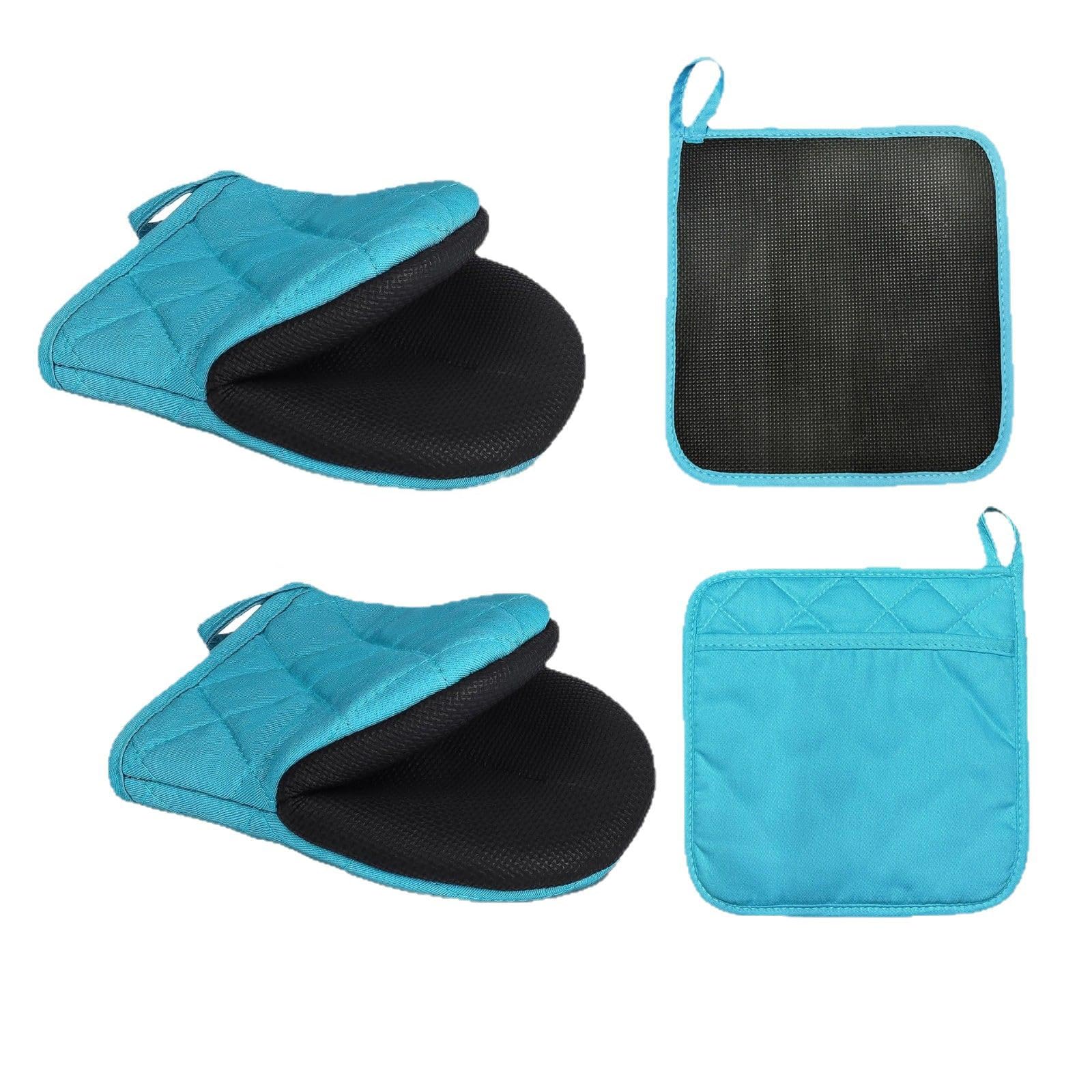 Oven Mitts and Pot Holders Set of 4, Heat Resistant Kitchen Short Oven Gloves, Cotton and Non-slip Grip Oven Gloves and Hot Pads for Baking Grilling BBQ Microwave, Blue