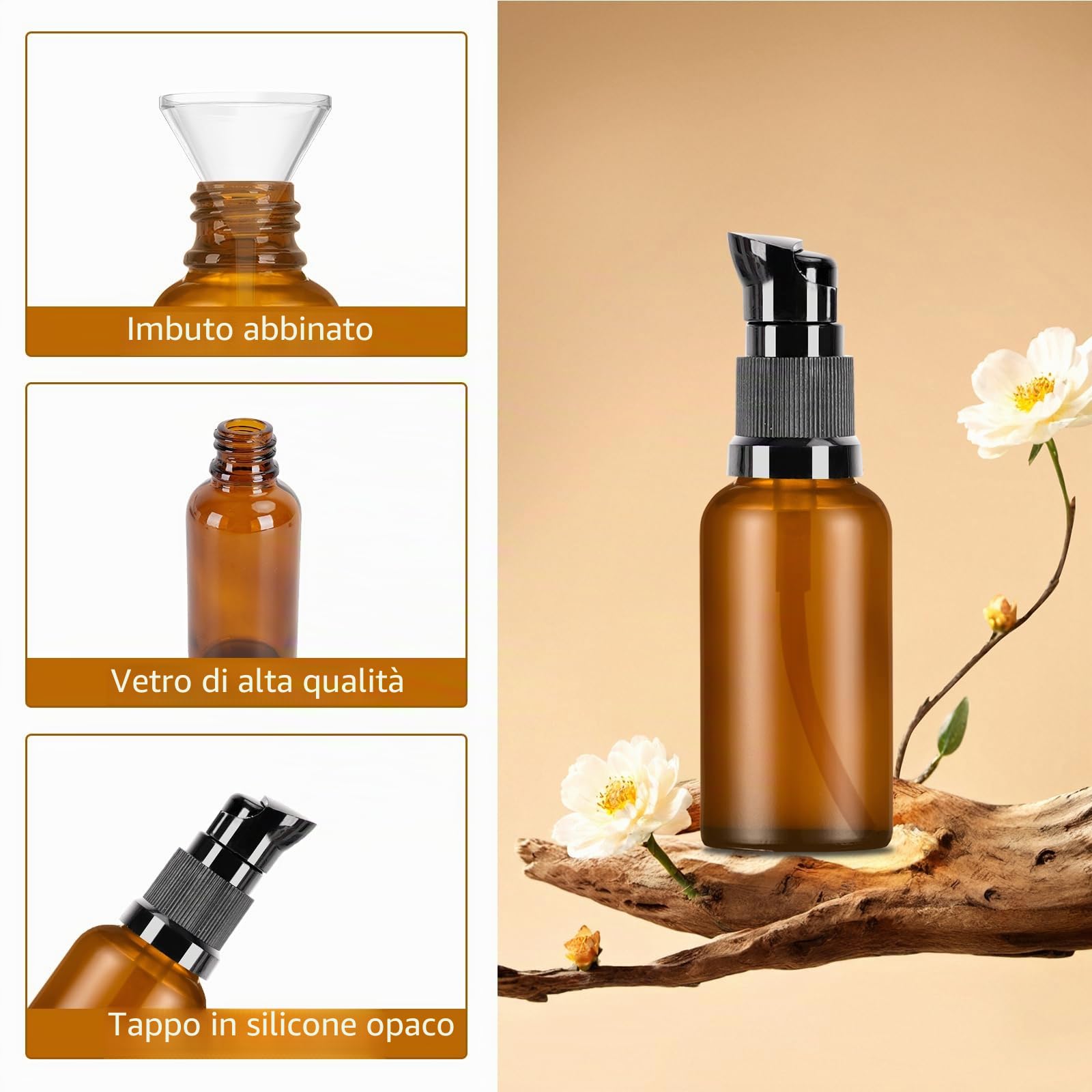 8 Pz Flaconi da Viaggio 30 ml, Bottiglie di Vetro Vuote Marroni, Dispenser Pompa in Vetro, Pompa Bottiglie da Viaggio in Aereo per Lozione Cosmetici Crema Shampoo Liquidi, con 4 Imbuti (8)