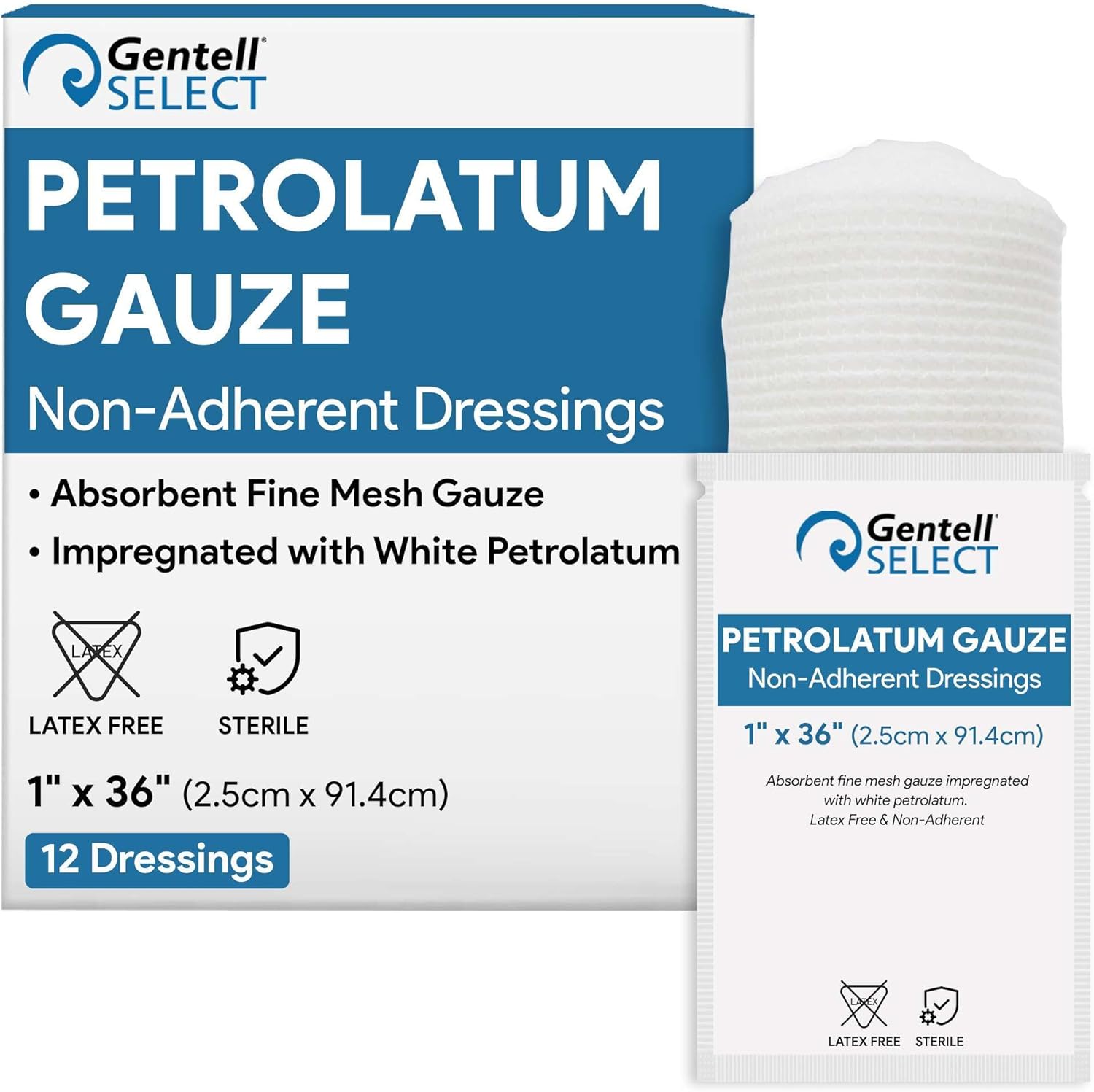 Petrolatum Gauze Non Adherent Dressings 1x36, 12 Pack Box, Fine Mesh Gauze Wound Dressing Infused with White Petroleum Jelly for Exuding Wounds, Burns - Latex Free Occlusive Bandages
