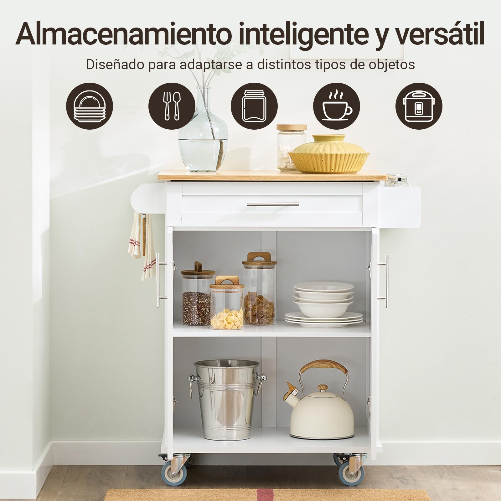 SoBuy FKW13-II-WN Luxus-Carrito de Cocina con Piso, Estantería de Cocina, Carrito de Servir de Bambú, 66 x 46 x 91 cm, ES
