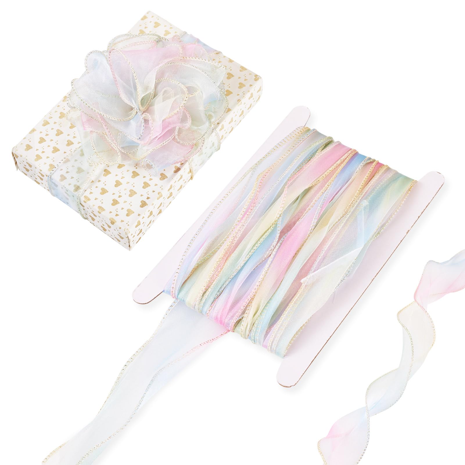 Beadthoven 10.94 Yards Pastel Organza Iridescent Ribbon, 2-1/8 Inches Sheer Fabric Chiffon Ribbons Mesh Christmas Decoration Ribbon Lace Trim for Big Bow, Wedding, Gift Wrapping, Bouquets, Wreath