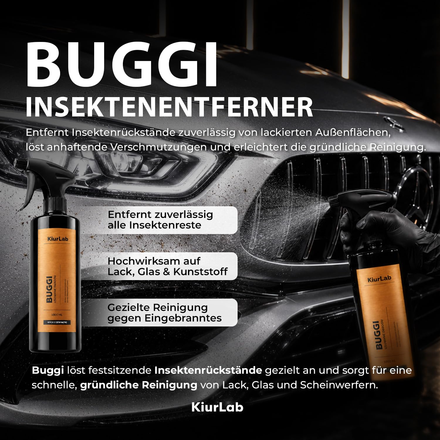 Buggi Insektenentferner Auto (5L) | Premium Insektenreiniger | Entfernt Insektenreste Vogelkot und organischen Schmutz | Hochwirksam auch bei hartnäckigen und angetrockneten Rückständen