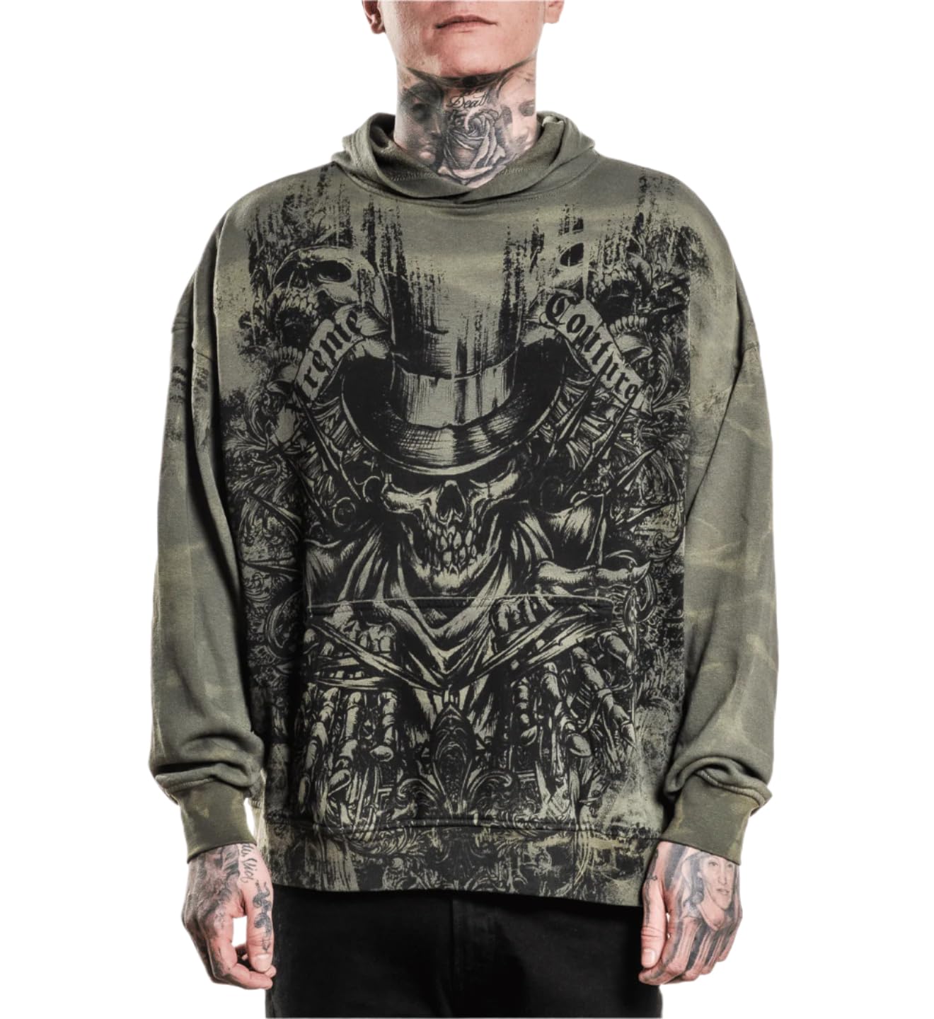 Xtreme Couture by Affliction Unisex Hoodie Oversized Boxy Hoodie Offering, Unisex Lightweight Pullover, Military Green, Green, L