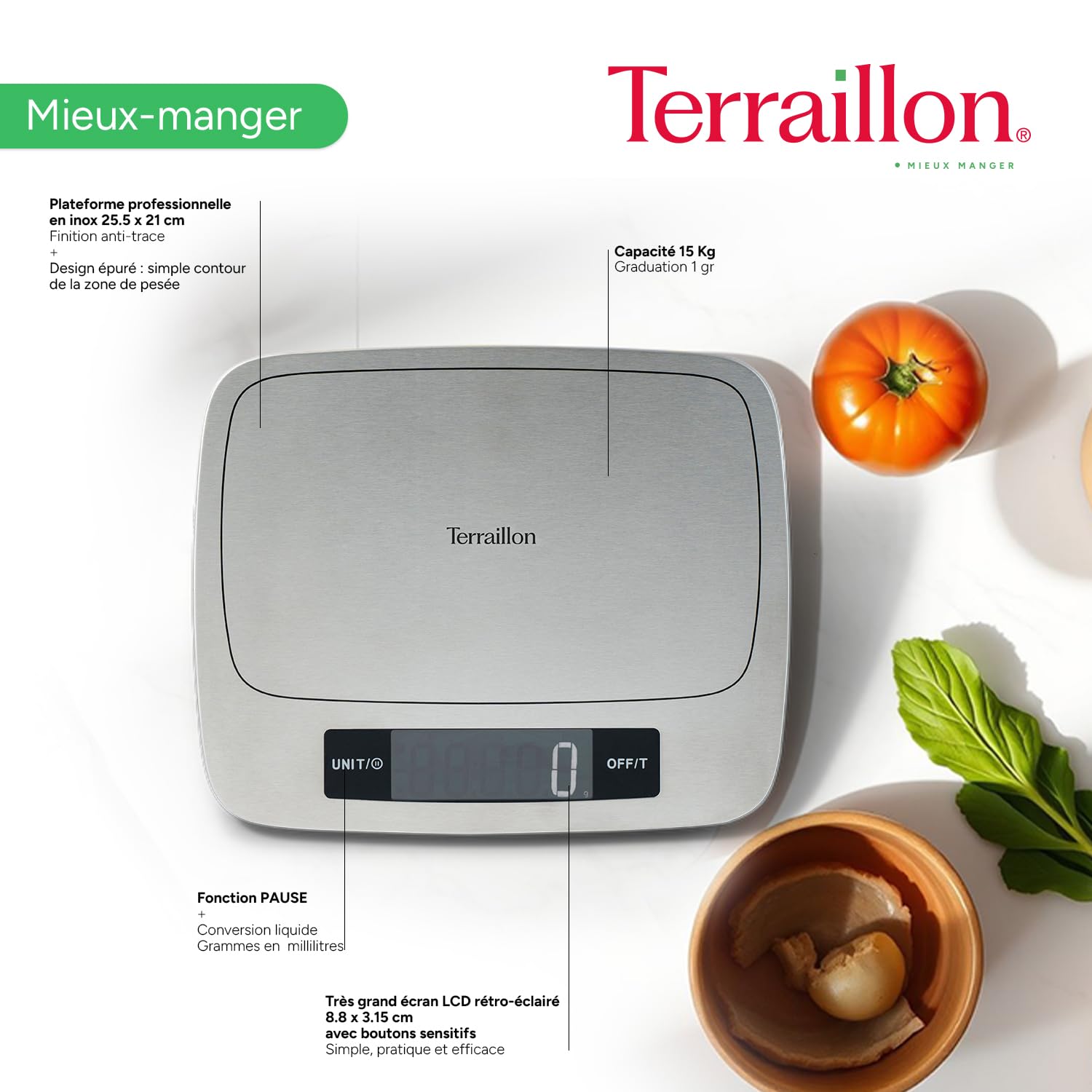 Terraillon - MyCook 15 - Balance de cuisine - Tare - Conversion Liquides - Revêtement anti-trace - Fonction Pause - Capacité 15 kg
