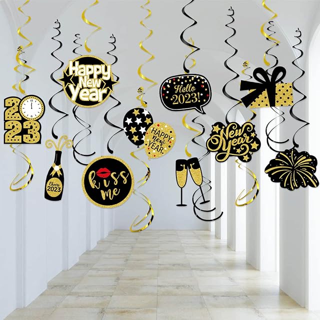 New Year's Eve Decorations 2023 Hanging Swirls, Happy New Year 2023 Decorations Black Gold Swirl Streamers Cheers 2023 New Year's Eve Party Decorations Supplies for Home Indoor Outdoor (Black Gold)