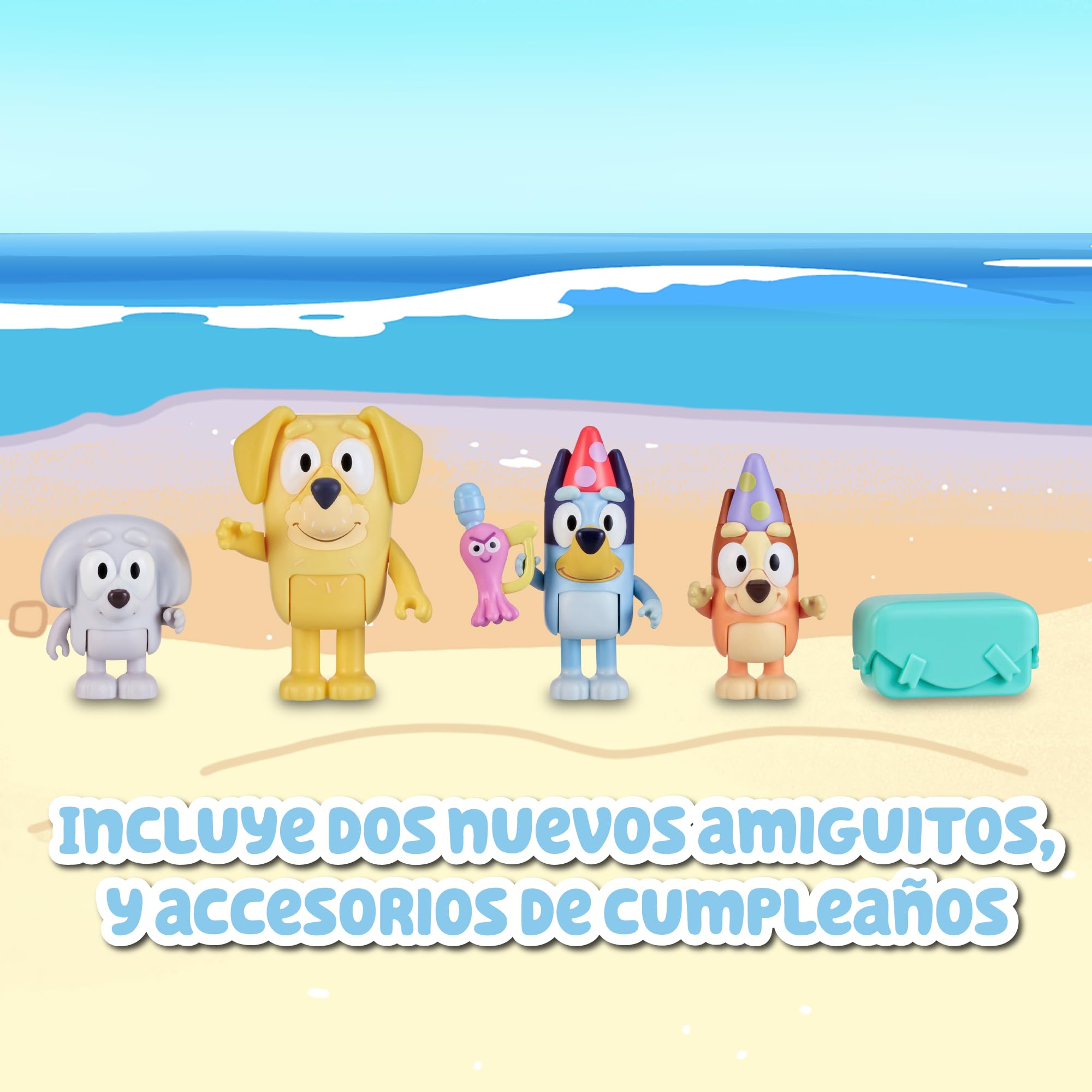 Bluey - Confezione da 4 figure di compleanno, figure articolate nuovi Amici pronti per il compleanno, bambole della serie per bambini, famose (BLY63200)
