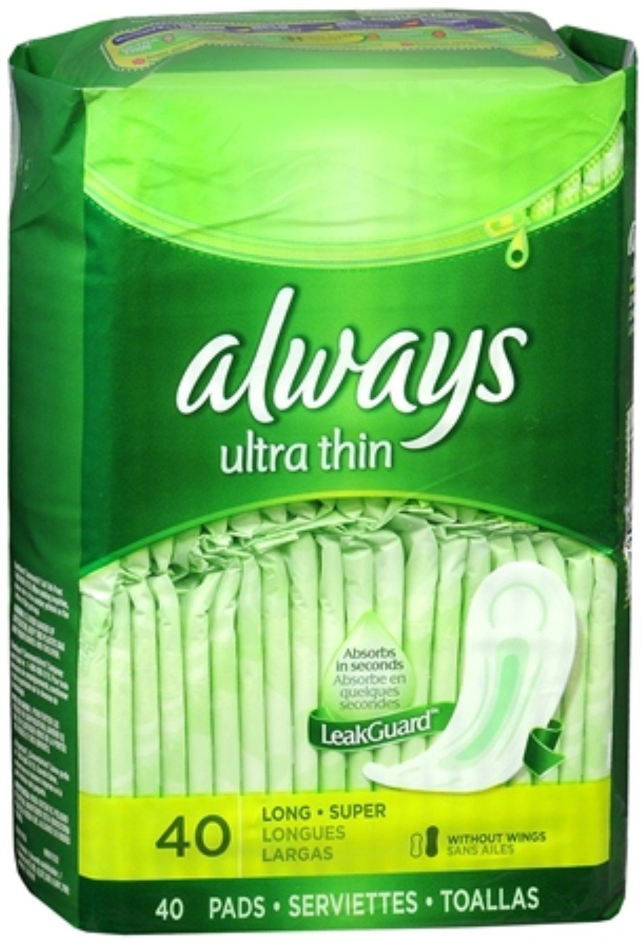 Always Ultra Thin Pads without Wings, Unscented, Long Super 40 ea (Pack of 11)