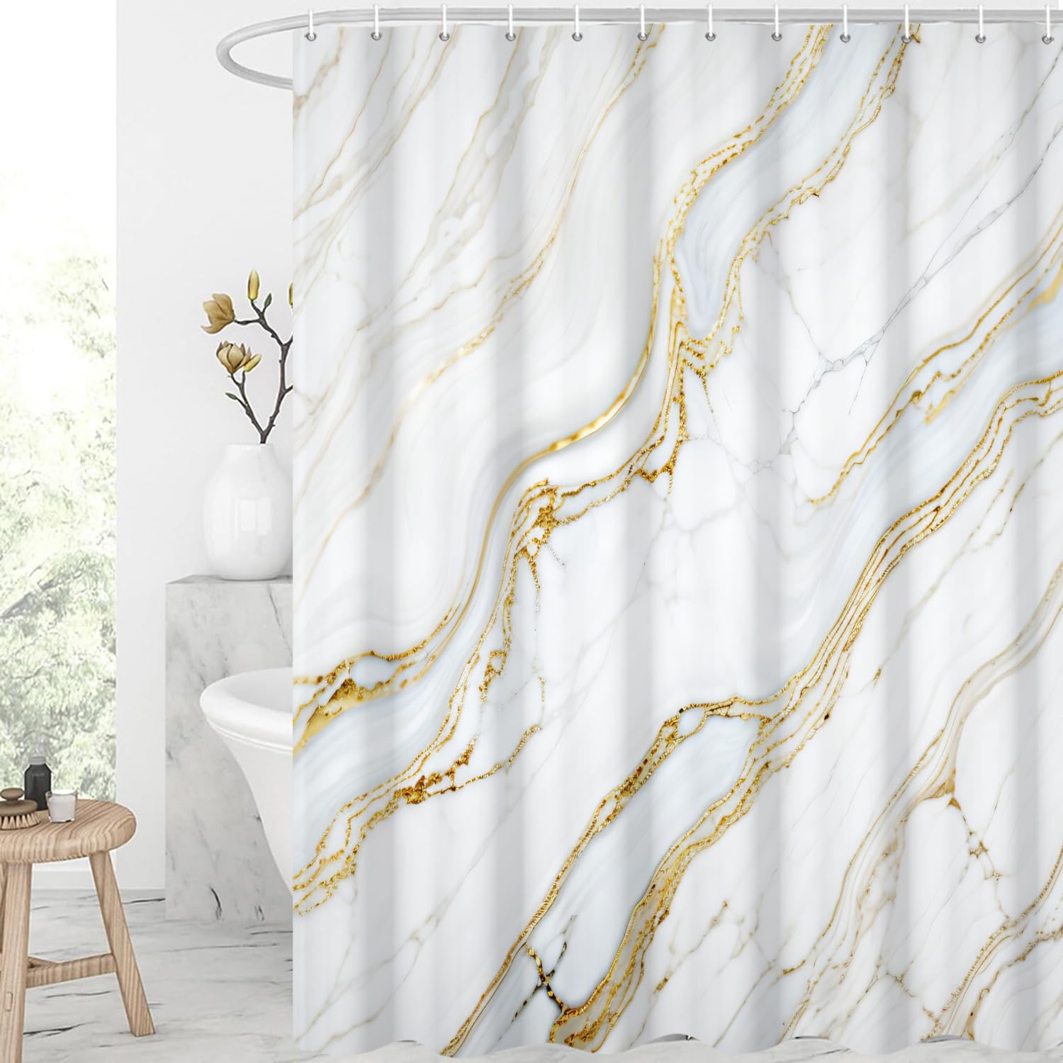 GCIREC Shower Curtain, 180x180cm, Gold and White Marble Modern Crack Luxury Texture Ink Waterproof Fabric Machine Washable Bathroom Curtain with Hooks