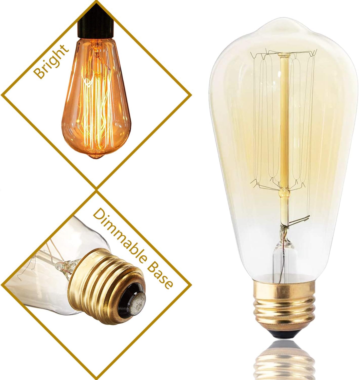 for Edison Light Bulbs, Vintage 60 Watt Incandescent Light Bulbs E26 Base Dimmable Decorative Antique Filament Light Bulbs 252 Lumens, Ray Amber Warm 1 Pcs