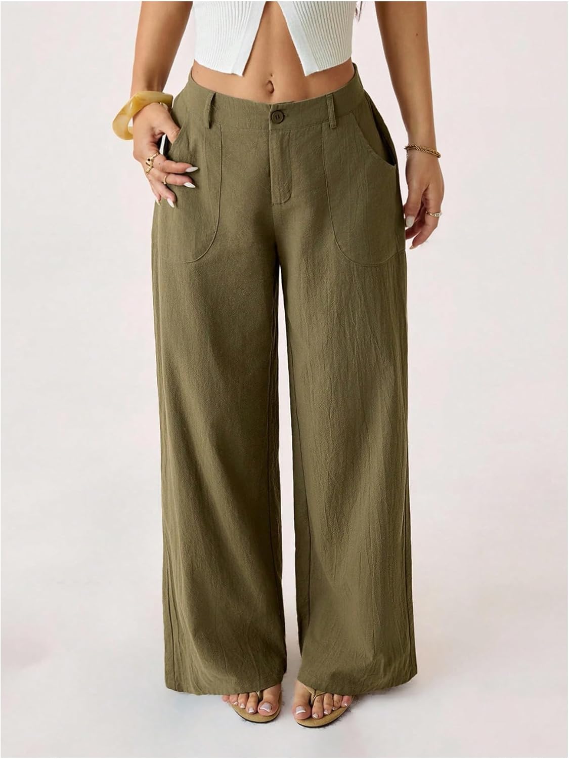 WDIRARA Women's Straight Leg Dressy Pants Loose Office Work Trousers with Pockets