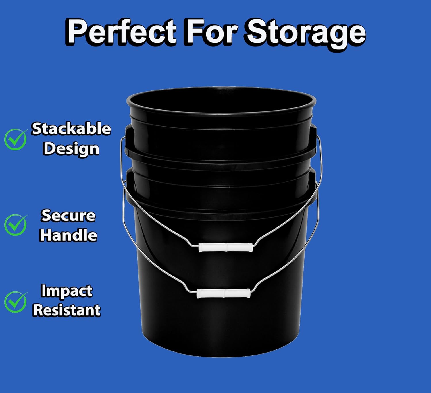 5-Gallon Bucket Only – No Lid Included, Made in USA, Food Grade BPA Free Plastic, Heavy Duty Multi-Use, Metal Handle with Grip, Stackable Storage – Black, 1 Pack - Image 3