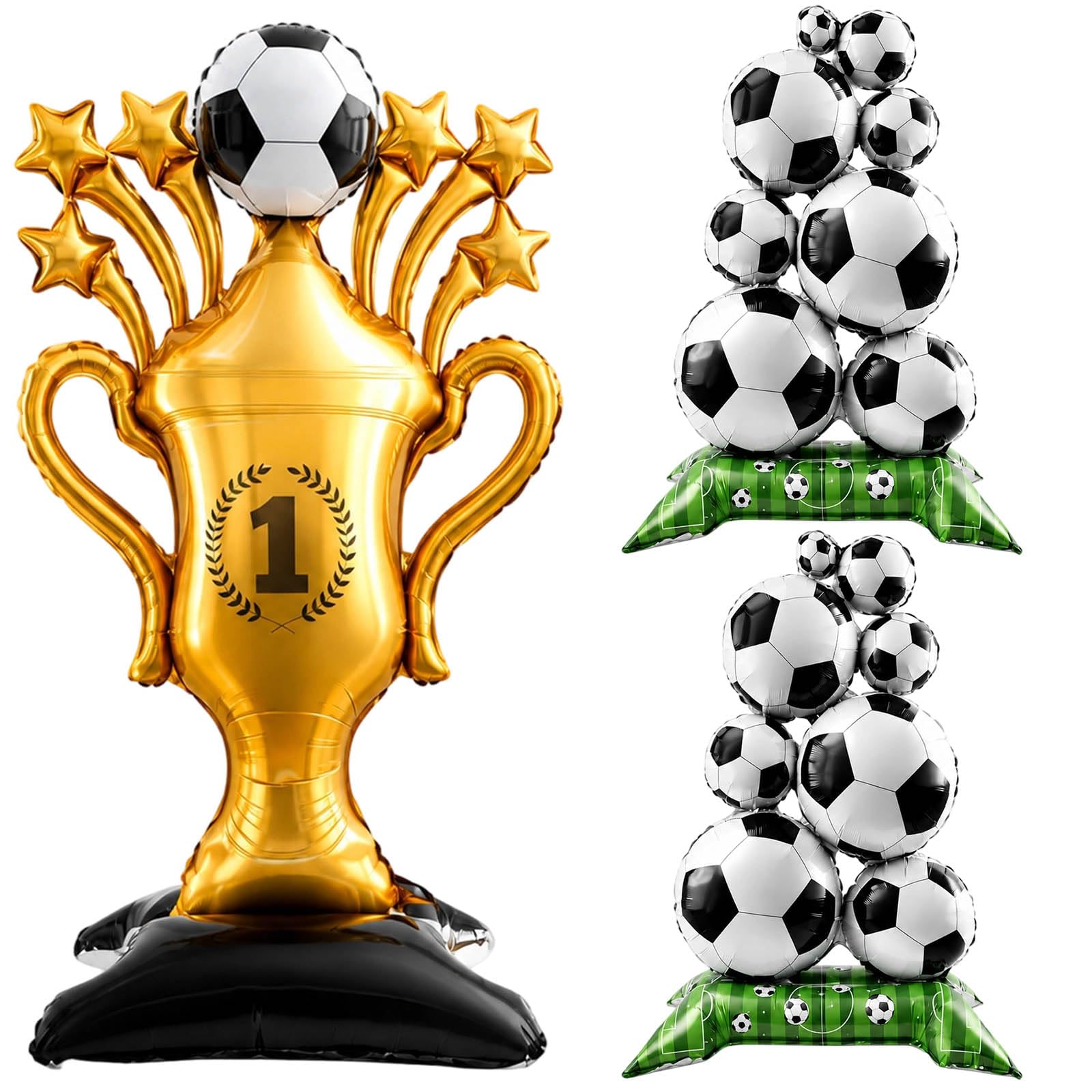 3PCS Self Standing Football Foil Balloons Set, Soccer Party Balloons Set, Award Balloon, Trophy & 2pcs Soccer Ball Foil Balloons Sport, for Sports Themed Party, Championship Celebration