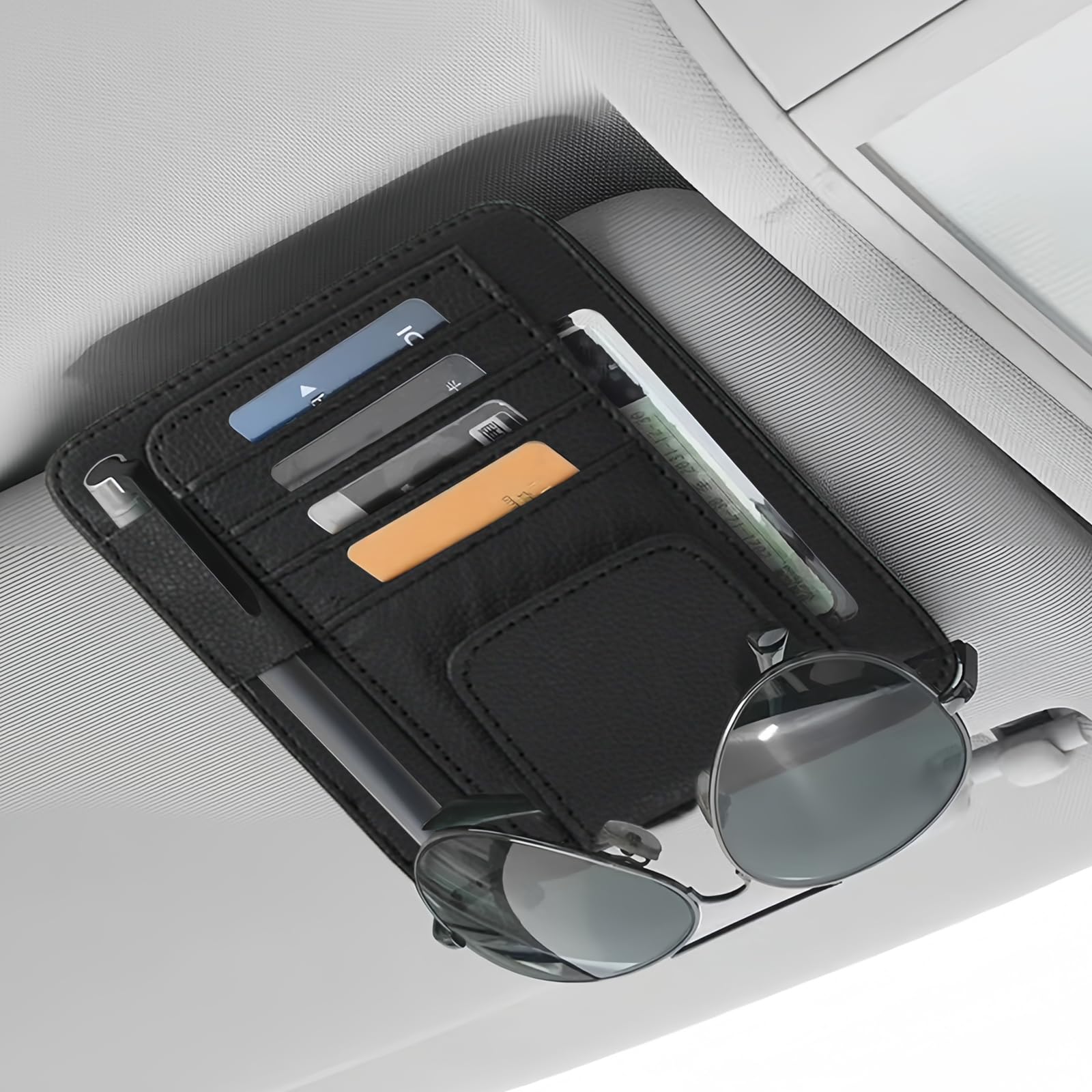 Rangement Carte Stylo Porte-Lunettes Voiture Azonelife - Cuir PU 15,5x12,5 Cm - Clip Pare-Soleil - Multifonction Avec Compartiments Organisateur Voiture Enfant