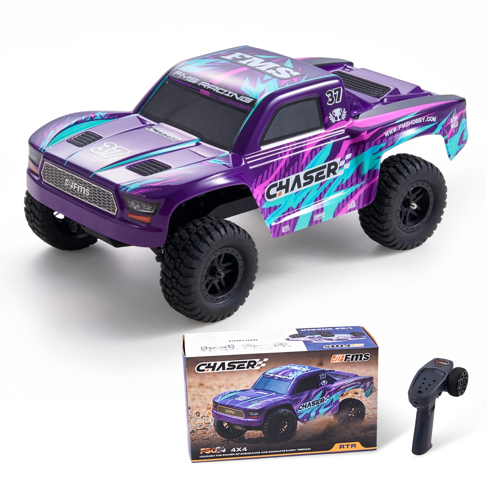 FMS FSC24 1/24 Chaser RC Crawler, Short-Course Trucks with High Strength Nylon Frame, 2 Speed Switch Up to 26km/h, Hobby RC Car for Adults, Gifts (Purple)
