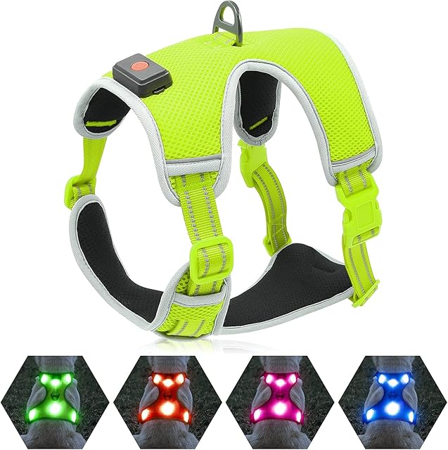 YFbrite Light up Dog Harness for Dogs, USB Rechargeable LED Dog Harness, Reflective Dog Harness, Dog Lights for Harness, Comfortable Adjustable Dog Harness Light (Green, Medium)