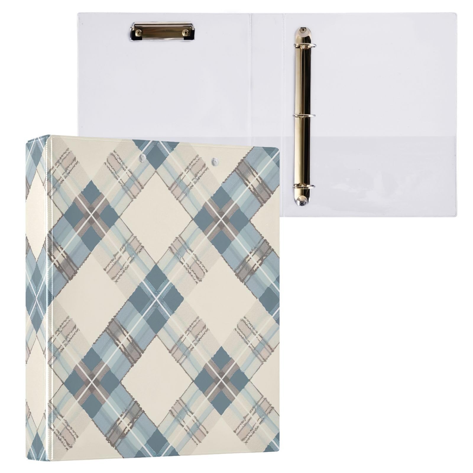 Raccoglitori a 3 anelli, 3,8 cm, motivo scozzese blu pastello, decorativi, con clip in metallo, organizer per casa e ufficio, confezione da 2