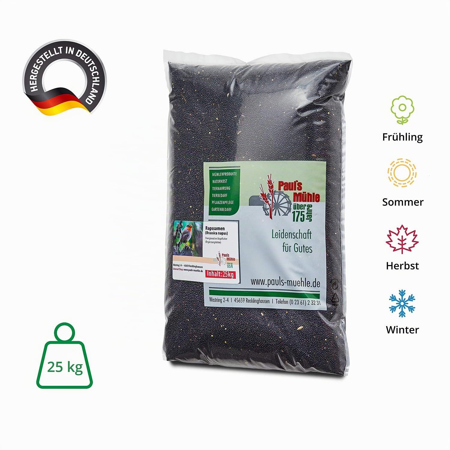 Paul´s Mühle - 25 kg Rapssamen für Wärmekissen & Rapskissen natürlich | Natur Füllmaterial für Wärme- & Kältekissen - Rapssaat für Körnerkissen & Kompressen - auch als Vogelfutter und Taubenfutter