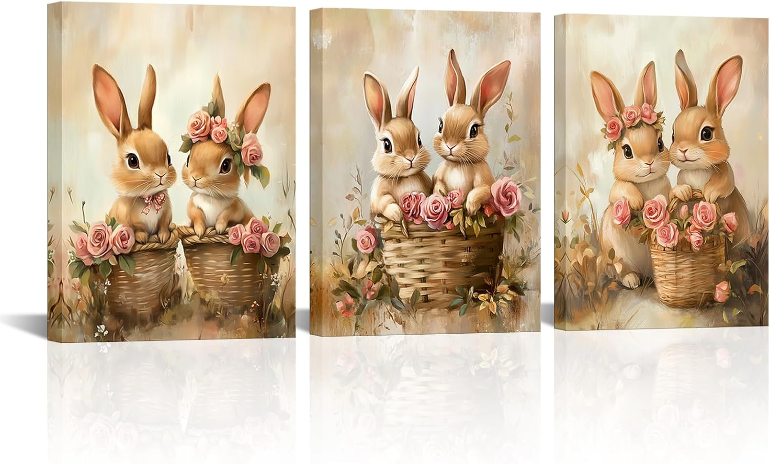 PoGoXiPoYo 3 Pieces Canvas Wall Art Cute Bunny and Rose Flowers Pictures Print Vintage Painting Farmhouse Rabbit Couple Artwork Easter Themed Wall Decor for Bathroom Bedroom Kids Room 12"x16"x3