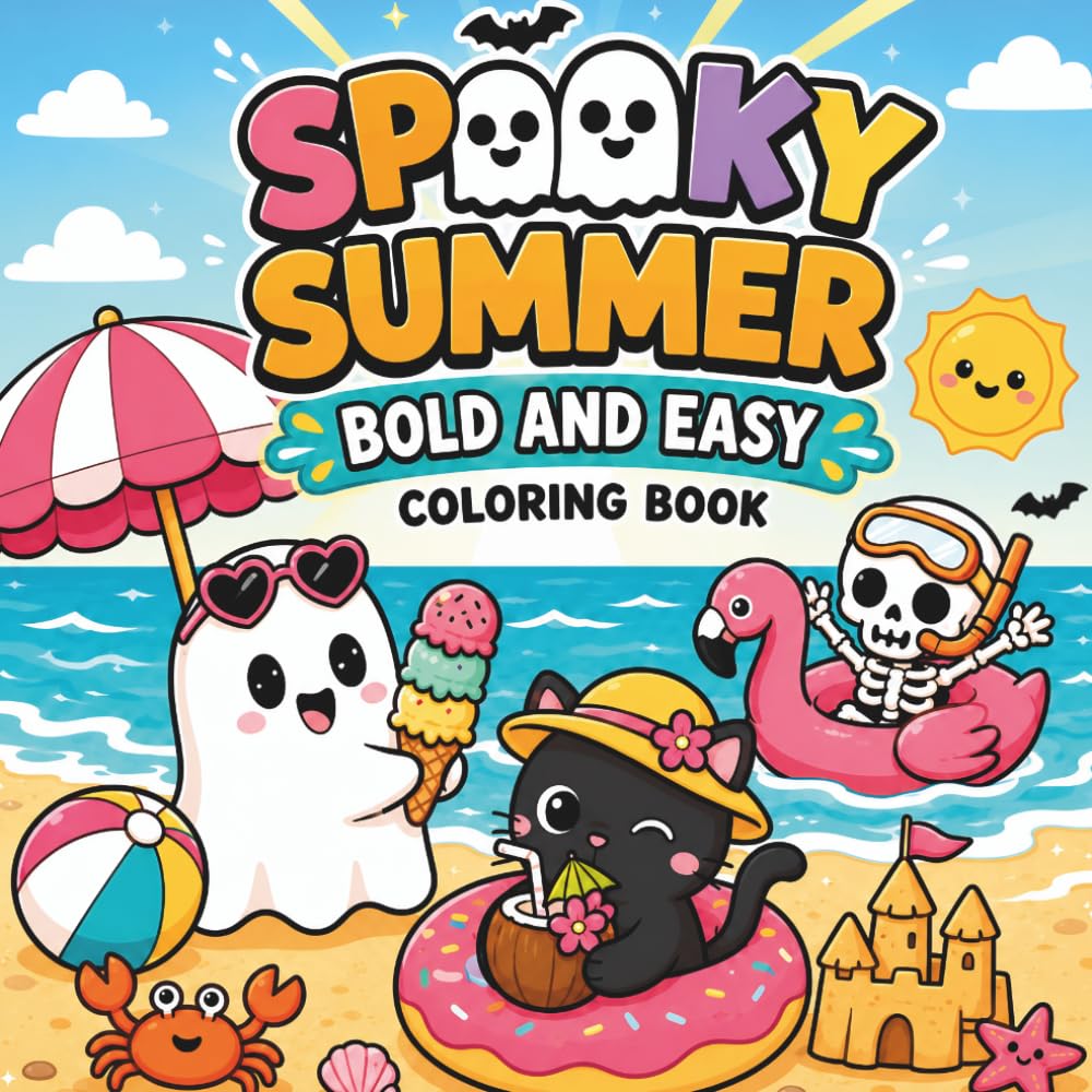 Spooky Summer Bold and Easy Coloring Book: Cute and Easy Spooky Summer Scenes with Kawaii Characters, Fun Beach Vibes and Stress Relieving Pages
