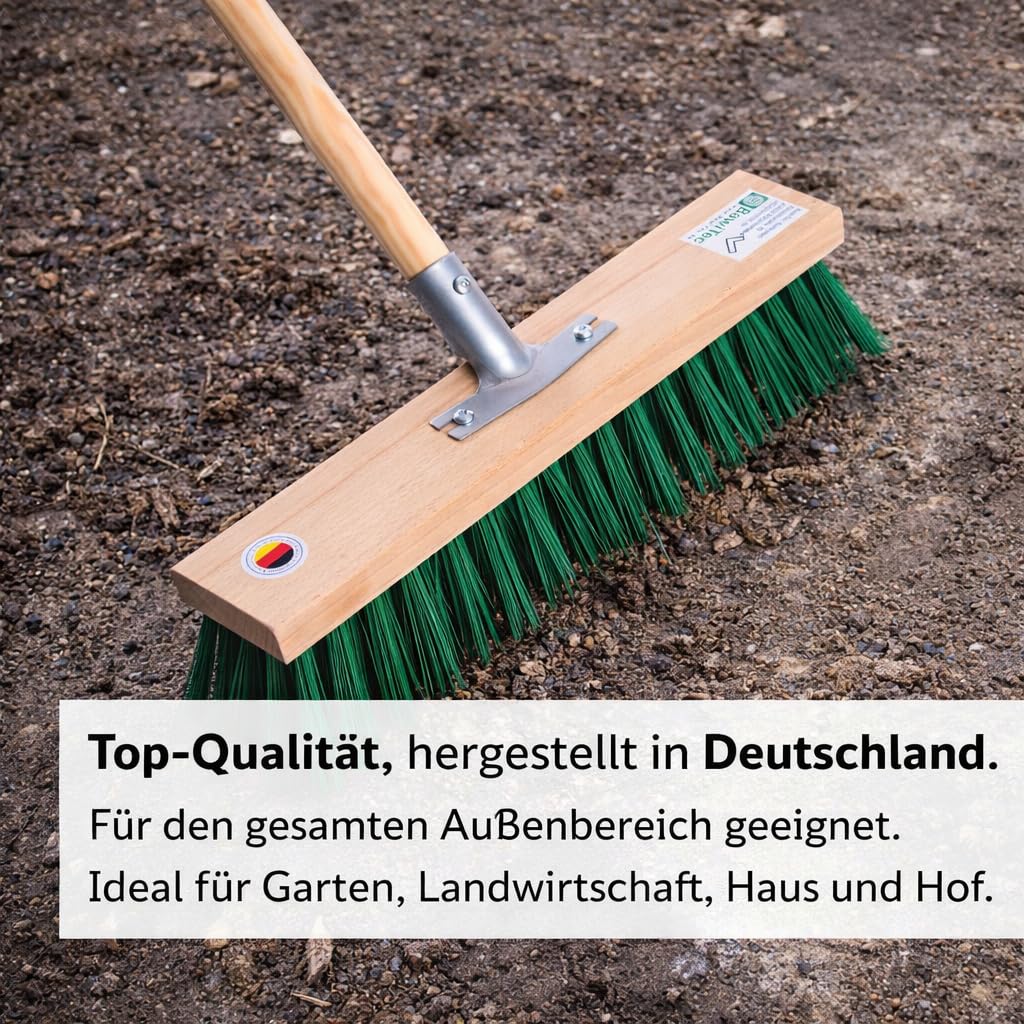 Profi Straßenbesen Extra Lange grüne Kunst Borsten 40cm Besen mit Stiel 160 | Robuste PT-Kunststoff-Borsten, Mit Geräte-Holzstiel 155cm Lang, Für Draußen, Für Groben Schmutz, Gartenbesen