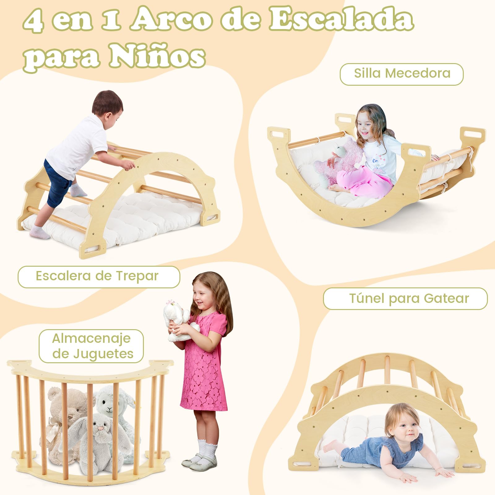 COSTWAY Triángulo de Escalada 2 en 1 con Cojín Suave, Arco de Escalada de Doble Cara, Juguete de Escalada y Balancín de Madera para Niños de 1 + Años para Jardines de Infantes (Natural)