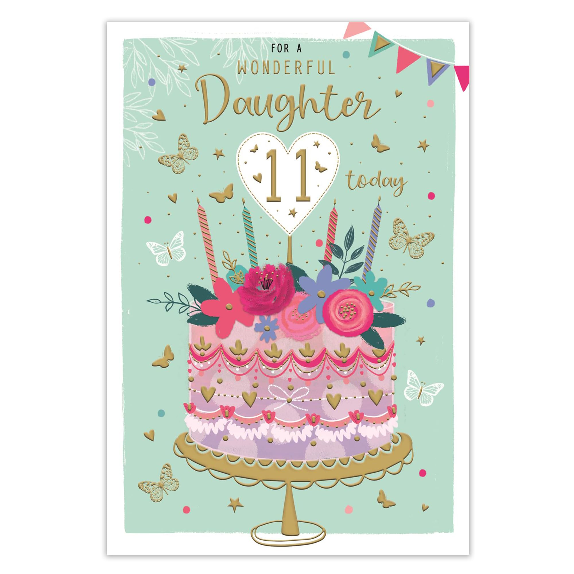 IC&G 11th Birthday Card for a Special Daughter, Cake, Flowers & Butterflies