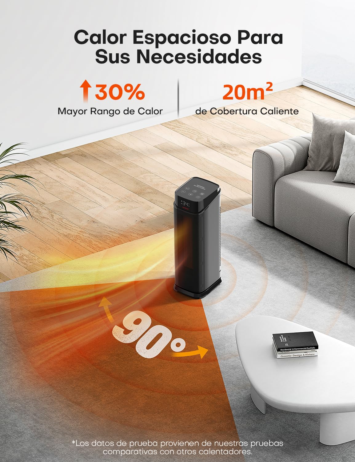 Calefactor PTC 2000 W negro, protección contra sobrecalentamiento y vuelco | Termostato, oscilación de 90°, mando a distancia, temporizador 24 h, modo ECO, silencioso (37 dB) y calentamiento en 2 s