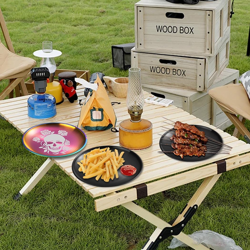 XIAOYU 6 Pack Halloween Skeleton Stainless Steel Dinner Plates, Skull Gothic Round Metal Plates, Unique Skull/Flower Pattern Design, Metal Dinner Dishes For Dinner, Party, Camping, Dishwasher Safe