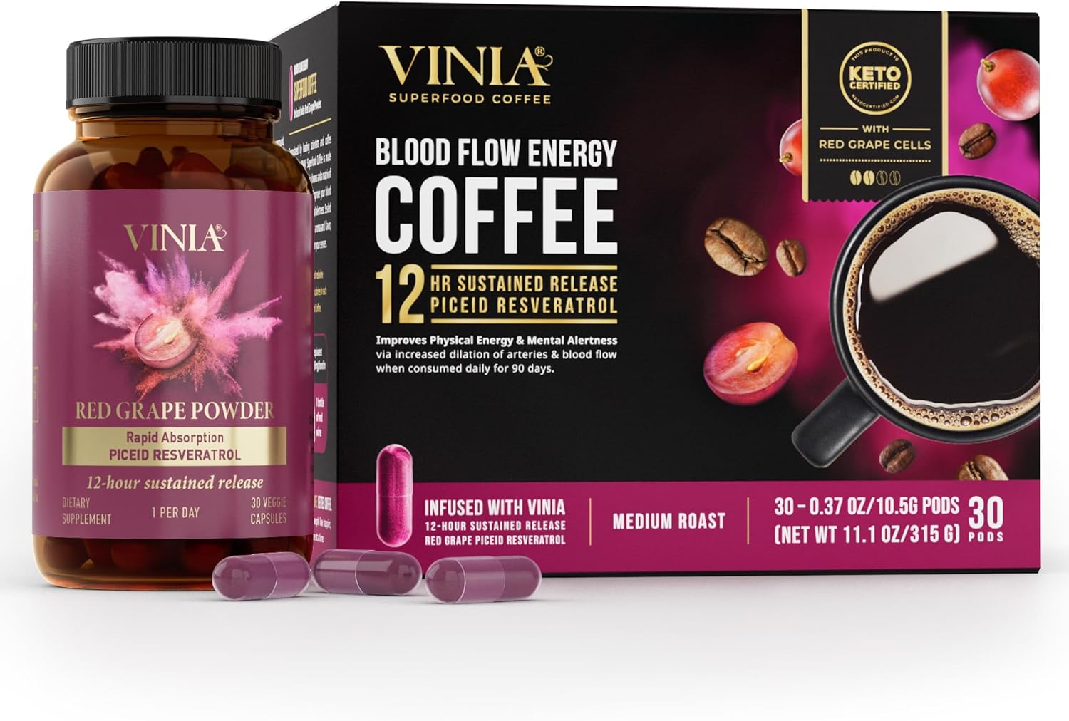 VINIA Super Bundle. 30 Day Supply Supplement Plus Blood Flow Energy Coffee Pods (30).
