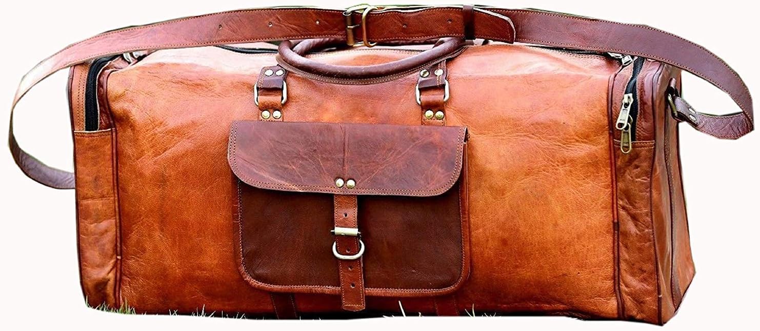 Handolederco. Leather 24 Inch Square Duffel Travel Gym Sports Overnight Weekend Bags