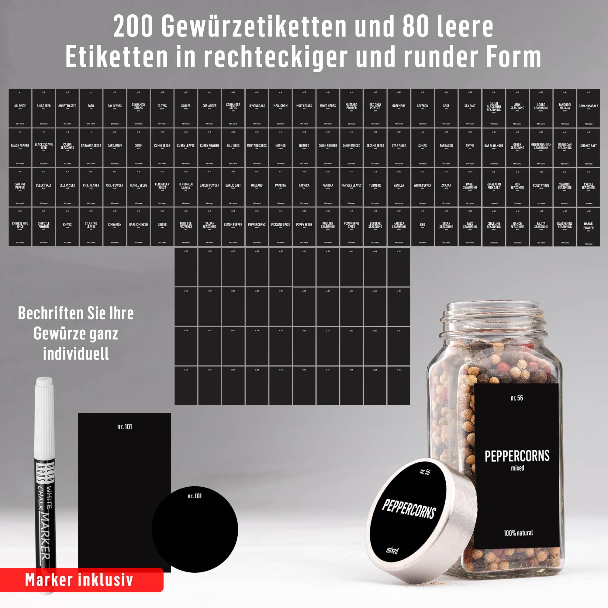 Deco haus® Gewürzgläser eckig luftdicht 24er Set [inkl. Etiketten & Streueinsatz] - Gewürzdosen Set Glas - Gewürzbehälter Spice Jars - Gewürze Aufbewahrung - Gewürz Organizer - Gewürzaufbewahrung