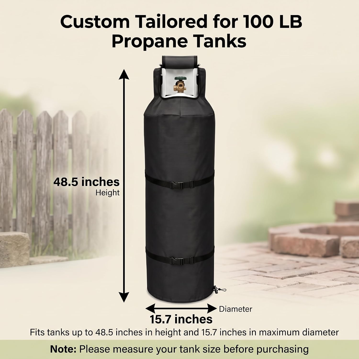 100 lb Propane Tank Cover, 600D Heavy Duty Gas Cylinder Cover | Fits 48.5"x15.7" cylinders. Features 600D waterproof fabric, top zipper for valve access, dual buckle straps, and drawstring