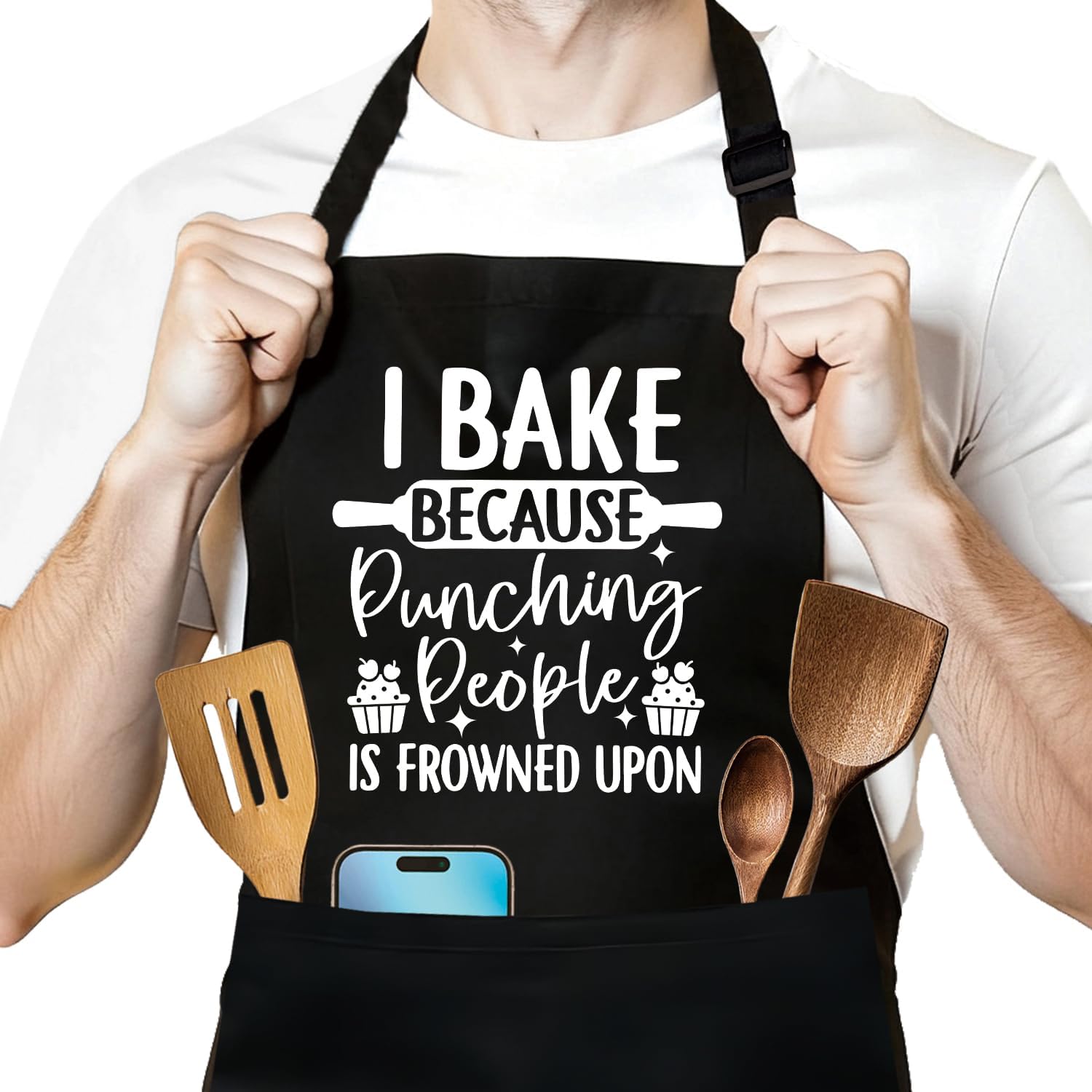 Funny Baking Aprons Gifts - I Bake Because Pxxching People is Frowned Upon - Women's Cooking Black Aprons with 2 Pockets, Adjustable Neck Strap - Humor Baking Gifts for Hostess, Mom, Wife