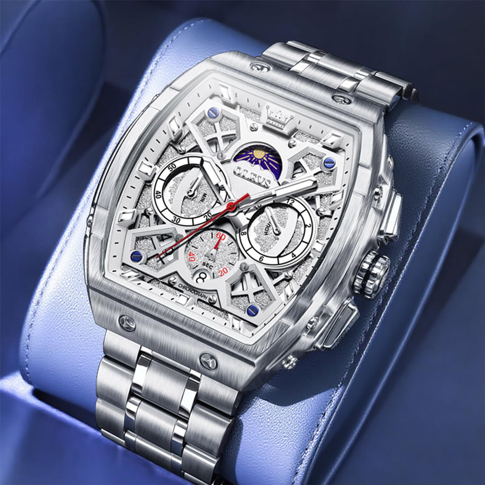 OLEVS Herren Uhr Chronograph Großes Quadrat Edelstahl Quarz Analog | Tonneau Design 44mm großen Zifferblatt Armbanduhr, 30m Wasserdicht, mit Mondphase, Leuchtend, Doppelte Zeitzone