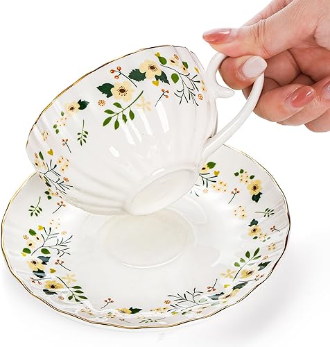 Miniatura 4 de Juego de 2 tazas de té y platillos, tazas de té florales de 6 onzas con cuchara de borde dorado, porcelana de porcelana de porcelana de porcelana