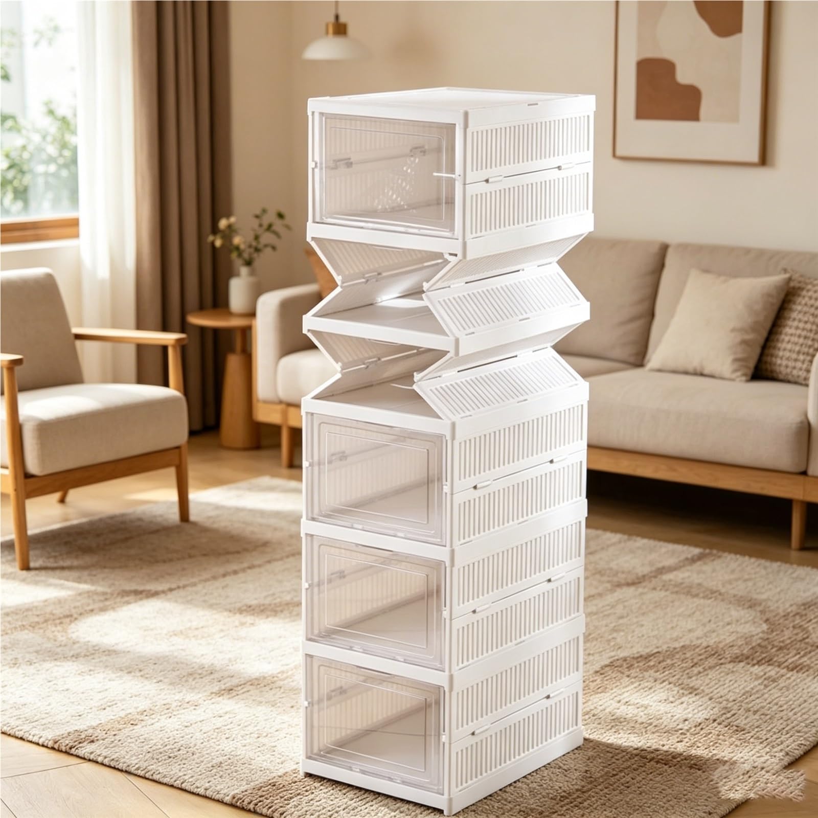 TYNGBT Freestanding Fold-Top Shoe Cabinet, Stackable Shoe Rack with Transparent Doors, Ready-to-Assemble Shoe Organizer with Lid for Closets & Entryways, 6 Tiers