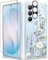 Vista 110 de GVIEWIN Funda protectora para Samsung Galaxy S25, transparente floral, delgada, a prueba de golpes, para mujer, no se pone amarilla, con protector