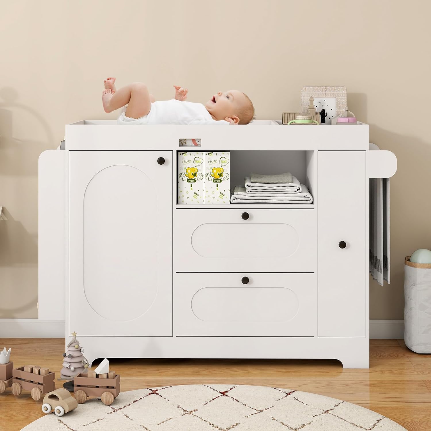 ARTETHYS Changing Table Dresser with Drawers White Diaper Portable Changing Station Nursery Dresser with 2 Drawers & Clothes Hanger, Storage Crib with Change Table Top for Children’s Room