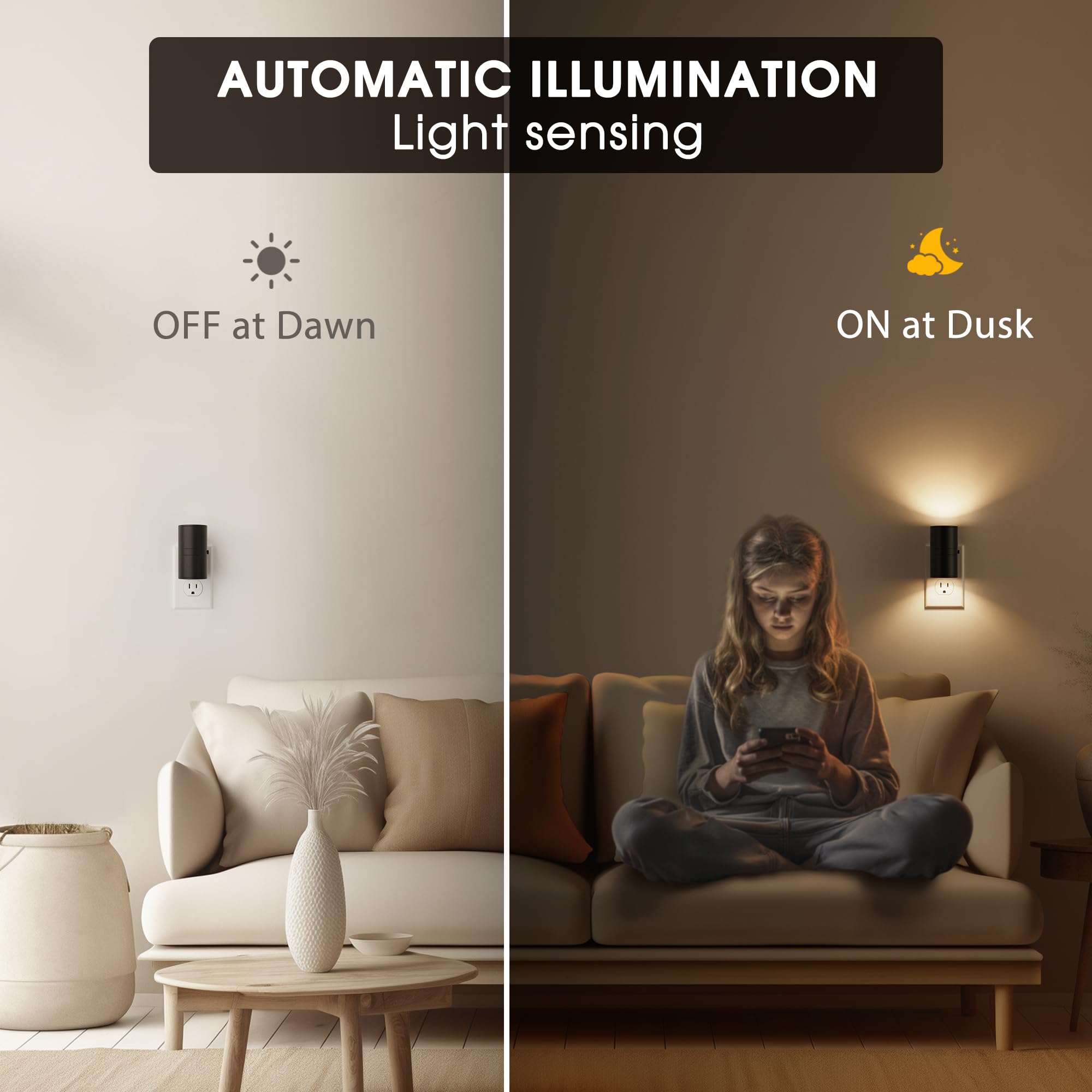 Briignite - Luz nocturna, sensor de anochecer a amanecer, luz nocturna blanca suave de 3000 K, brillo ajustable de 0 a 100 lúmenes, luces nocturnas regulables se conectan a la pared para pasillo,