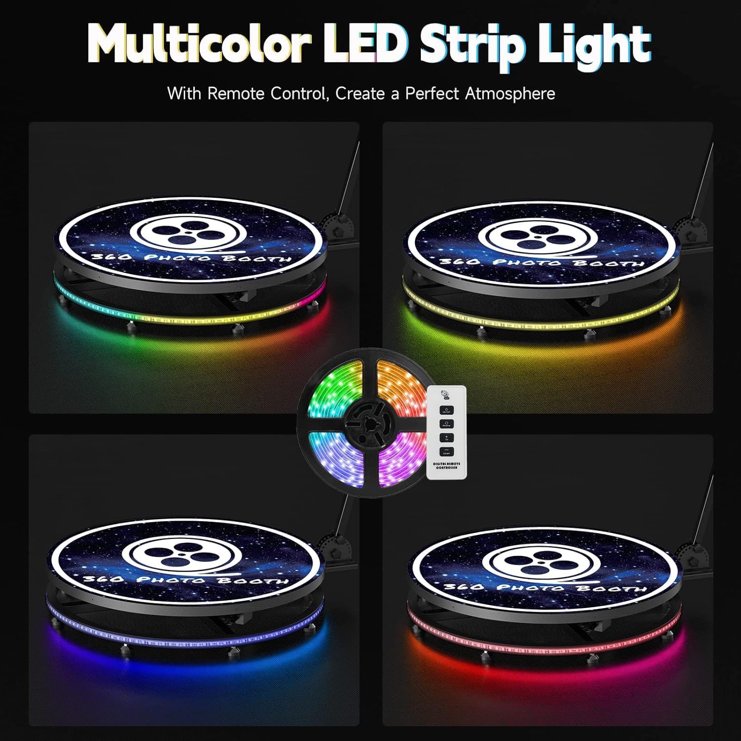 Photo Booth 360 mit Flightcase Ringlicht, Kostenlose Logo-Anpassung&VIP-Software, Automatische 360 Fotobox Selfie Photo Booth mit RGB Streifenlicht für Party Hochzeit Rental 5-7 Personen,115CM