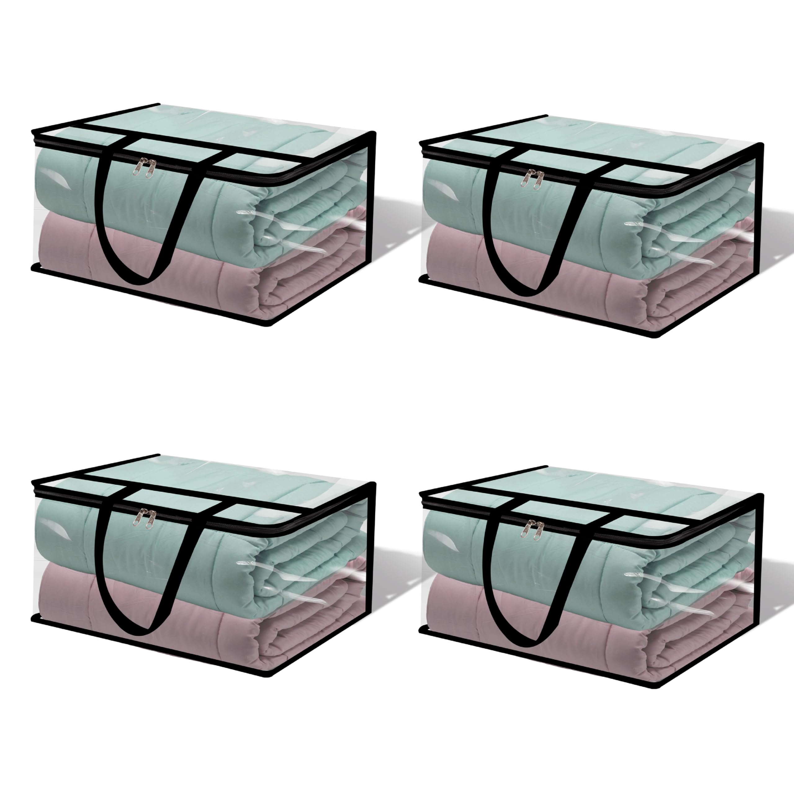 TAKIVA Clear Transparent Clothes Storage Bags (Pack 4) | Plastic Blanket Storage Bags, Saree Covers with zip | Saree Organizer for Wardrobe | Transparent Storage Bag for Blenket, Clothes, comforters