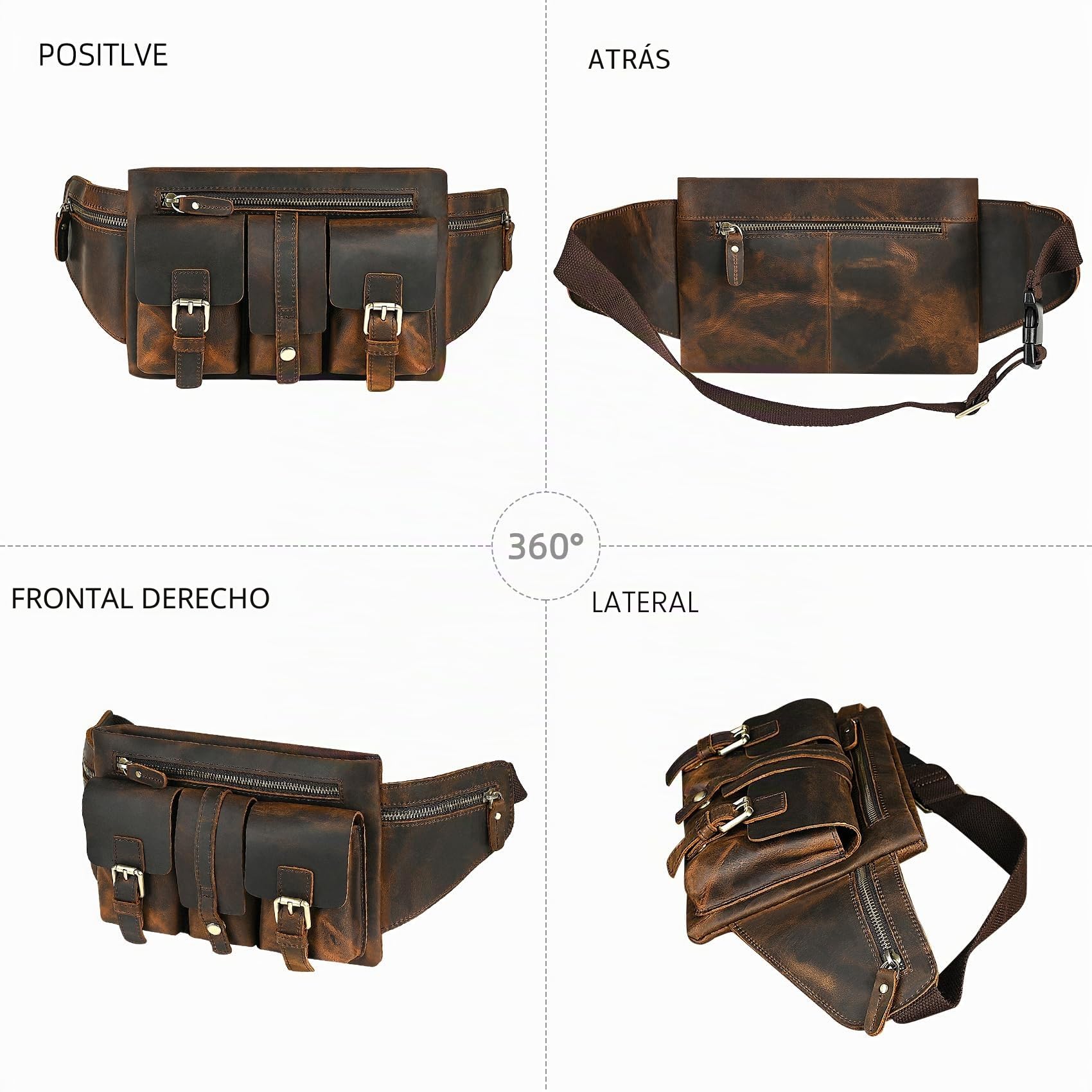 cuero de caballo loco, cuero genuino, bolsa de cinturón al aire libre de senderismo Fanny cintura bolsa telefónica para hombres y mujeres 380