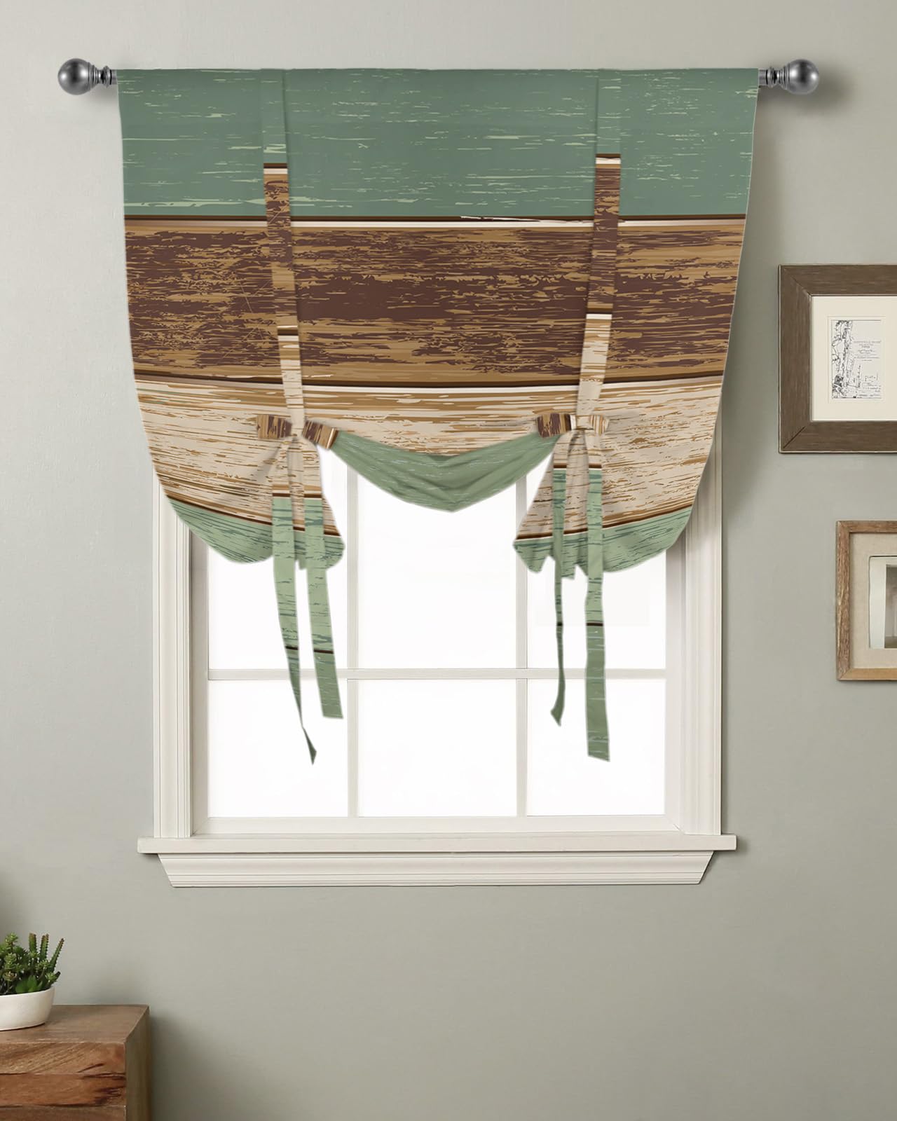Yukro Tie Up Curtains Window Shades, Vintage Sage Green Brown Wood Grain Farm Rod Pocket Tie Up Window Shade, Adjustable Balloon Curtain Shade for Blinds Kitchen Bathroom, 1 Panel, 42
