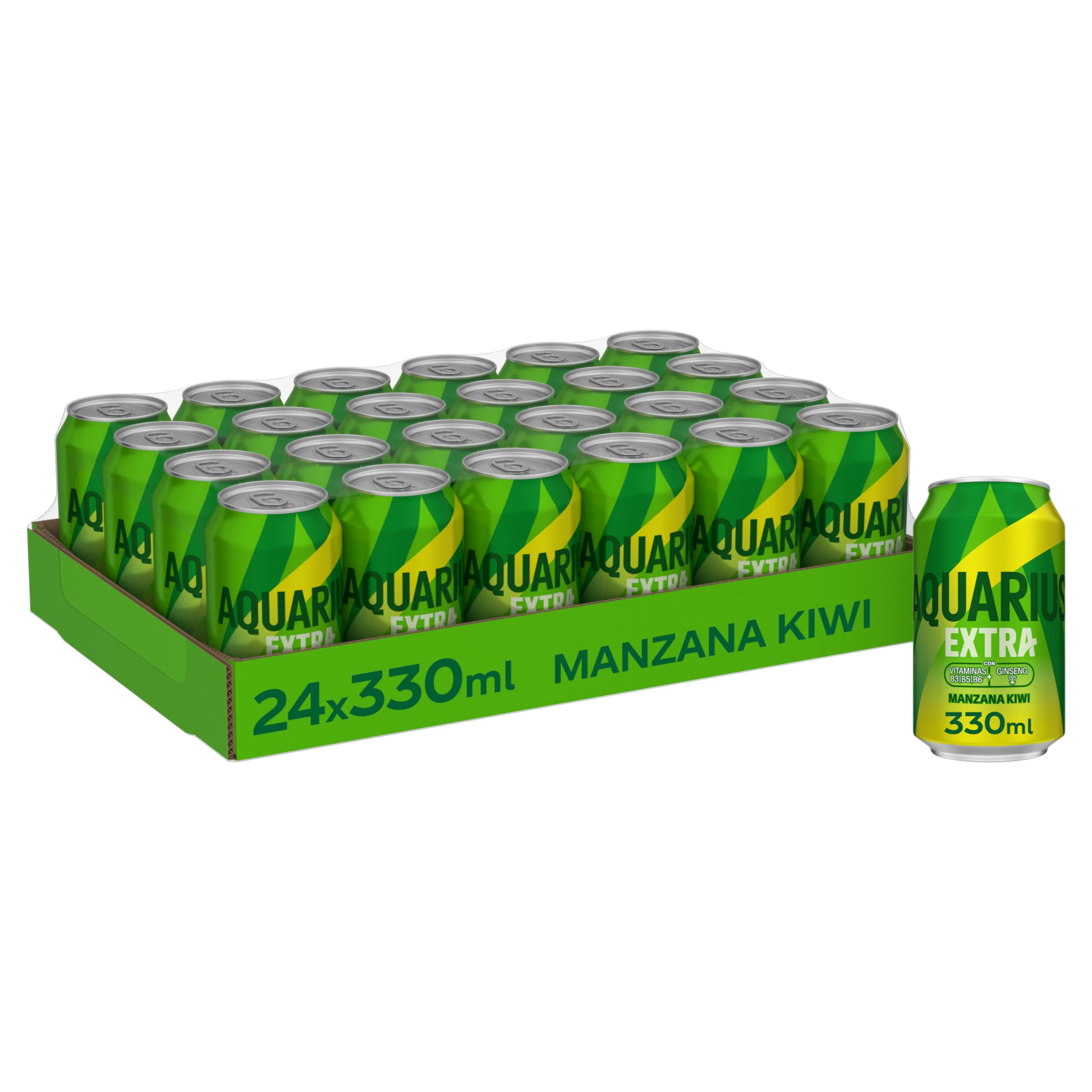 Aquarius Extra Manzana Kiwi, Bebida Baja en Calorías con Vitaminas B3 B5 B6, Minerales y Ginseng, Refresco Hidratante- Pack 24 Latas 330 ml