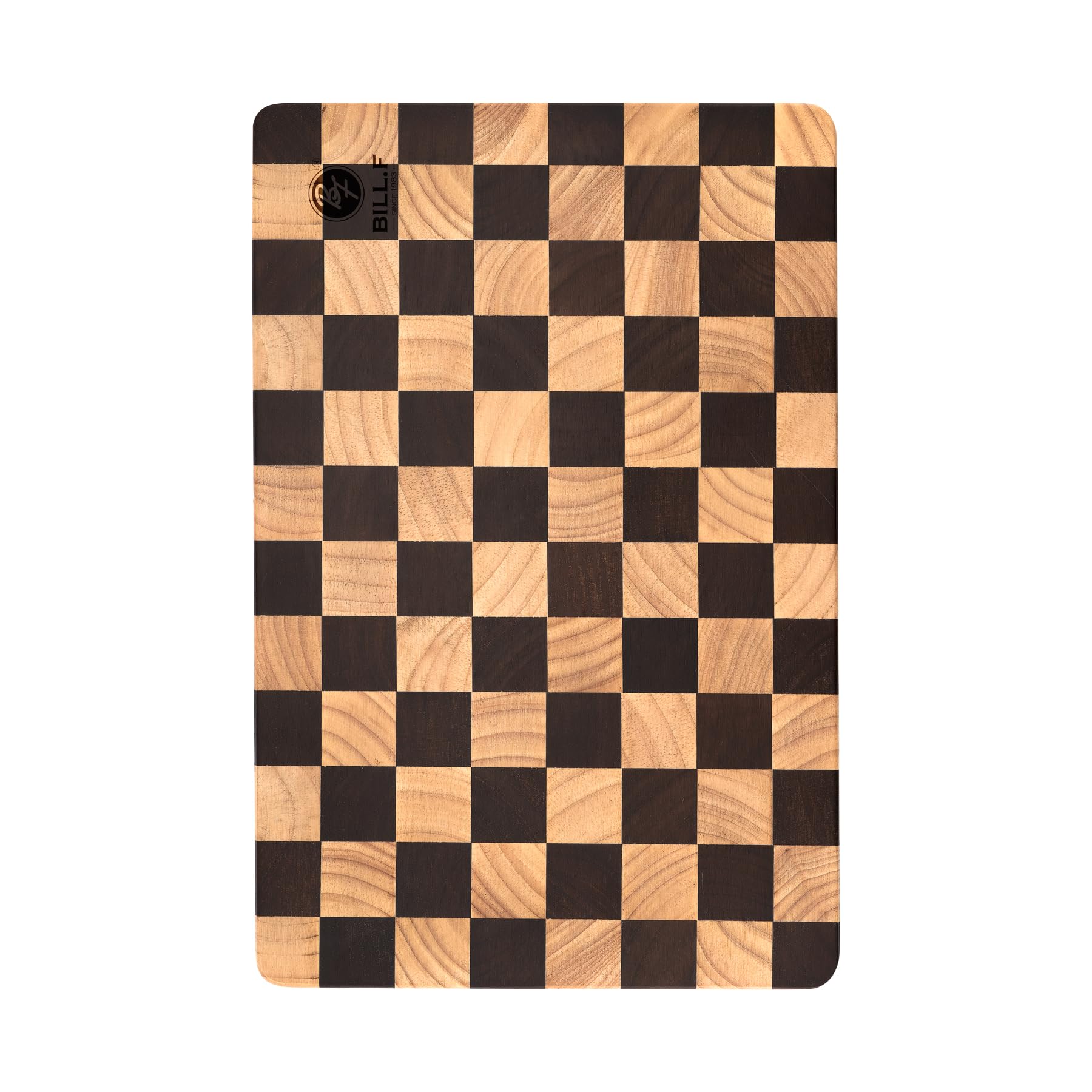 Bill.F - Tabla de cortar de madera, 36 x 24 x 2,5 cm, con patrón de tablero de ajedrez y asas laterales interiores, tabla de cortar ideal para cortar carne, cortar verduras, quesos y pan